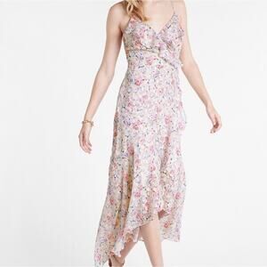 NWT Express Floral Print Ruffle Faux Wrap Hi-Lo Maxi Dress Size Large Coquette